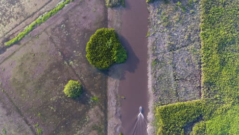 Pirogue-on-a-river-Kaw-swamp/marsh-natural-reserve-in-French-Guiana.-drone-view